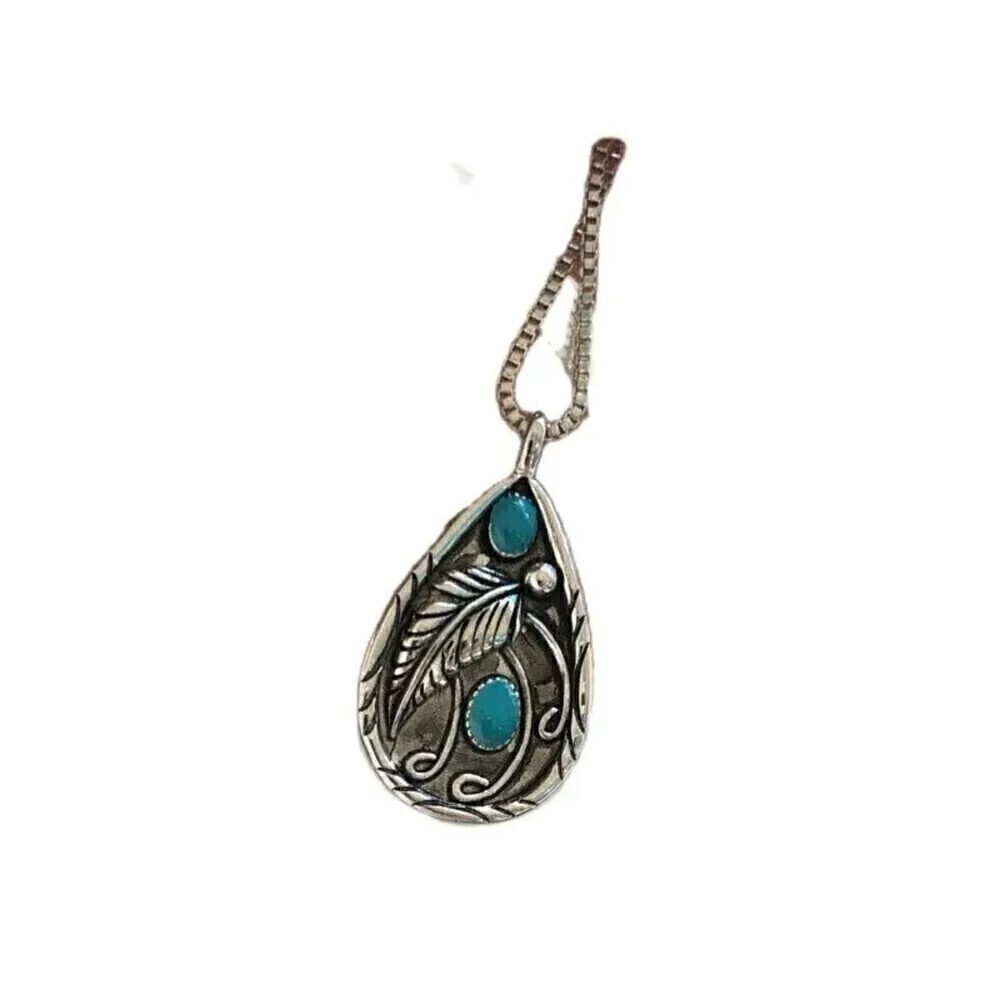 New - Inlaid Turquoise Retro Feather Pendant Necklace w/ 20" Chain
